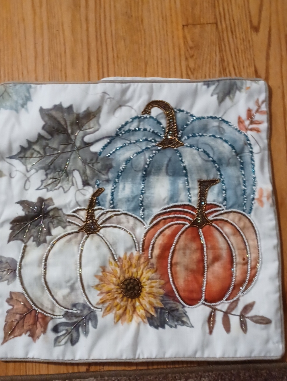 Amazon Fall Pumpkin Quilted Fall Pillow Covering wit Blue, Orange, White Accents